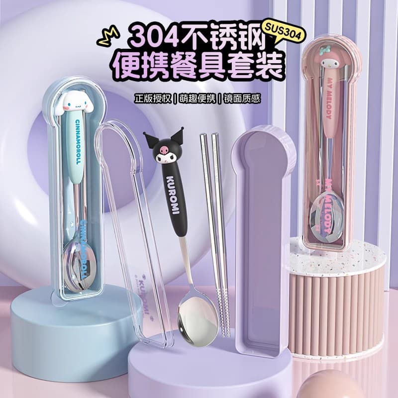 Sanrio Portable 304 Stainless Steel Chopsticks Cutlery Set Cute Children's Student Spoons and Chopsticks Set with High Value