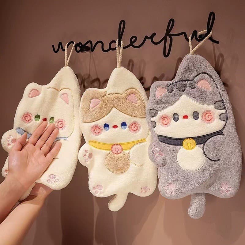 Lucky Cat Series Hand Towel Hanging Cute Cartoon Strong Absorbent Quick-Dry Small Square Non-Shedding Thick Coral Fleece