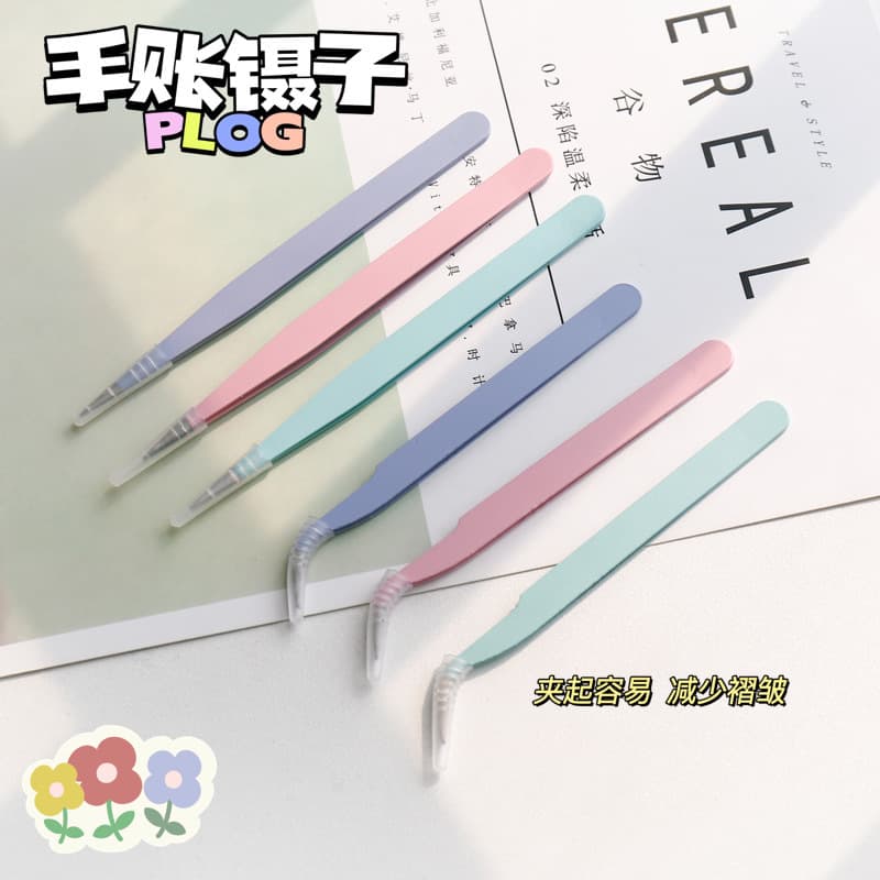 Stainless steel colorful macaron tweezers for student DIY sticker tools, straight and bent tip journal tweezers