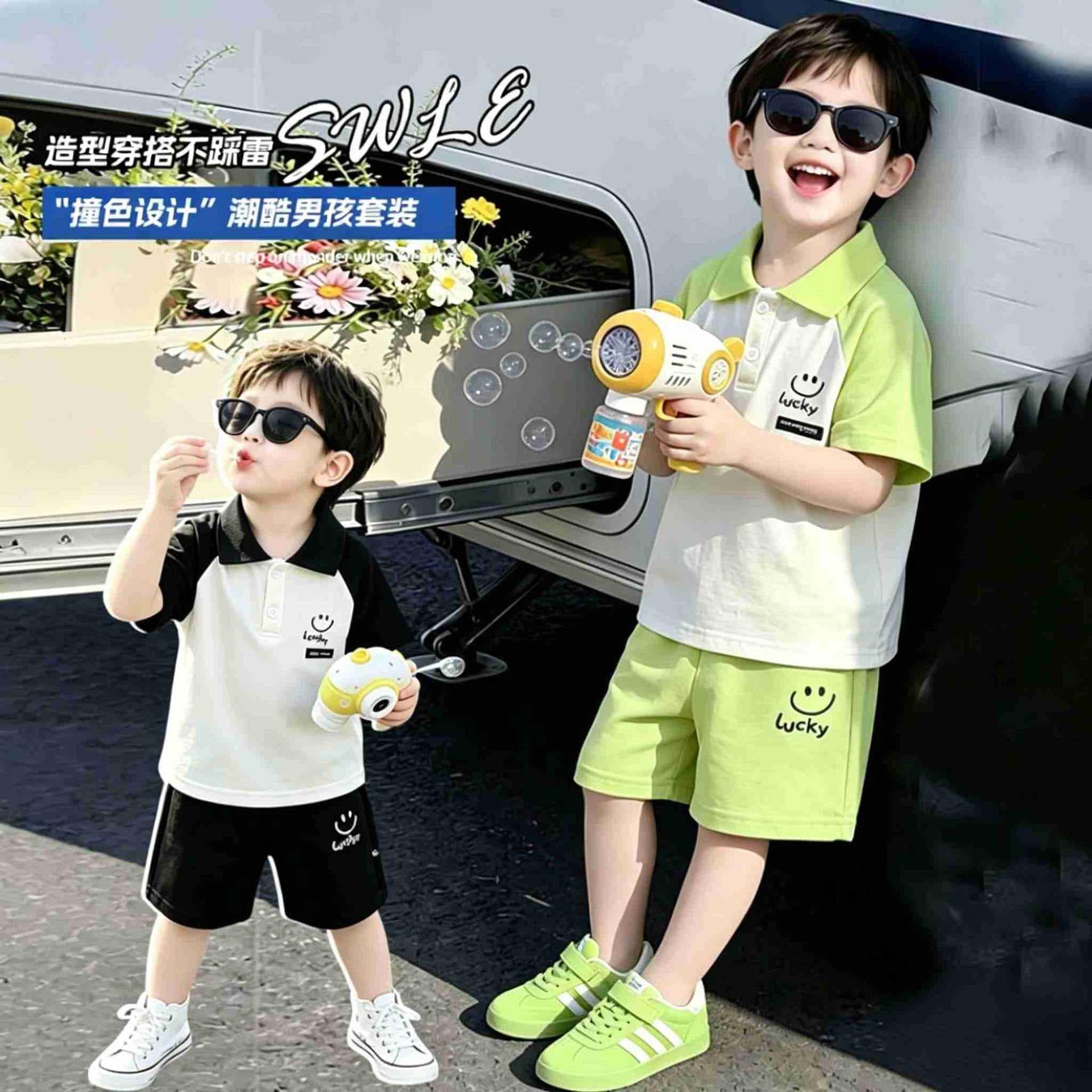 Kids Summer Short Sleeve Set, Boys' Thin Polo Shirt with Turn-Down Collar, Export Boys' Short Sleeve and Shorts Two-Piece Set