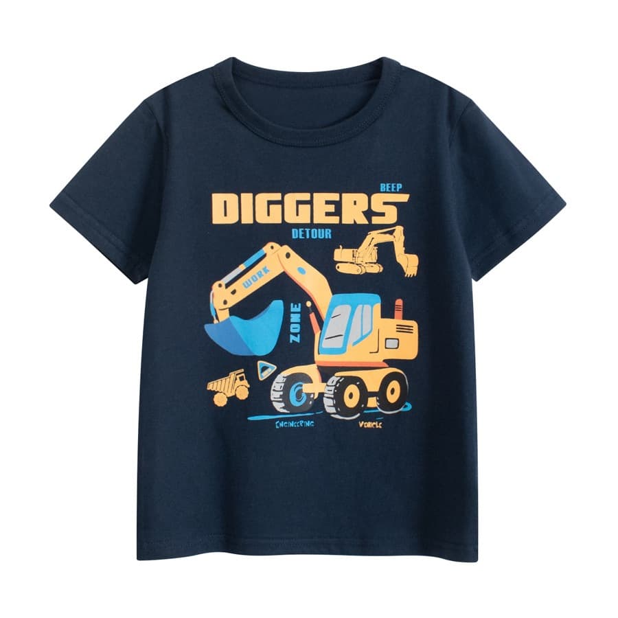 27kids Korean Style Children's Engineering Vehicle Short Sleeve T-Shirt 2025 Summer New Baby Boy Clothes