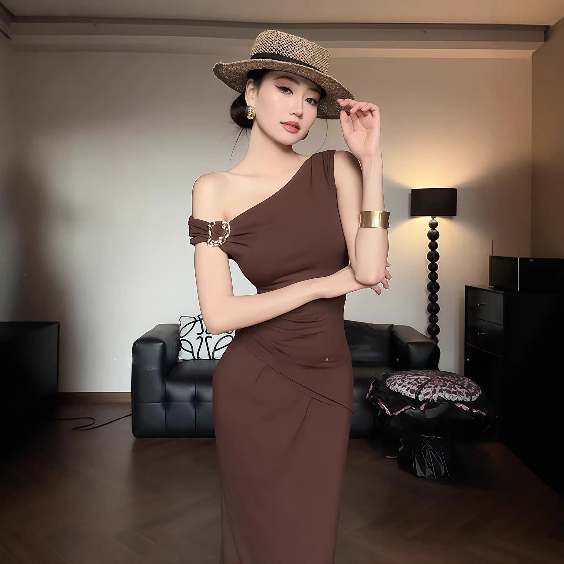 Retro temperament pleated waist slanted off-shoulder dress women's spring new slim slim long skirt hip-covering skirt