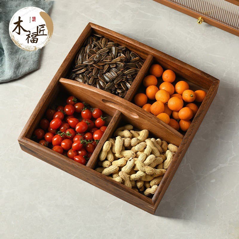 Walnut Wood Dried Fruit Tray, Wooden Four-Compartment Handheld Tray, Home Snack Plate, Wedding Early Birth Tray, Solid Wood Tray