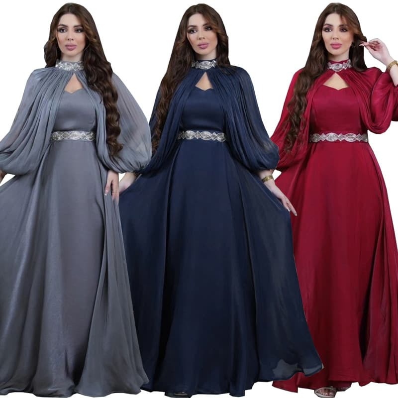 MQ072 New Amazon Cross-Border Women's Two-Piece Set Rhinestone Shiny Thread Fashion Banquet Satin Long Dress