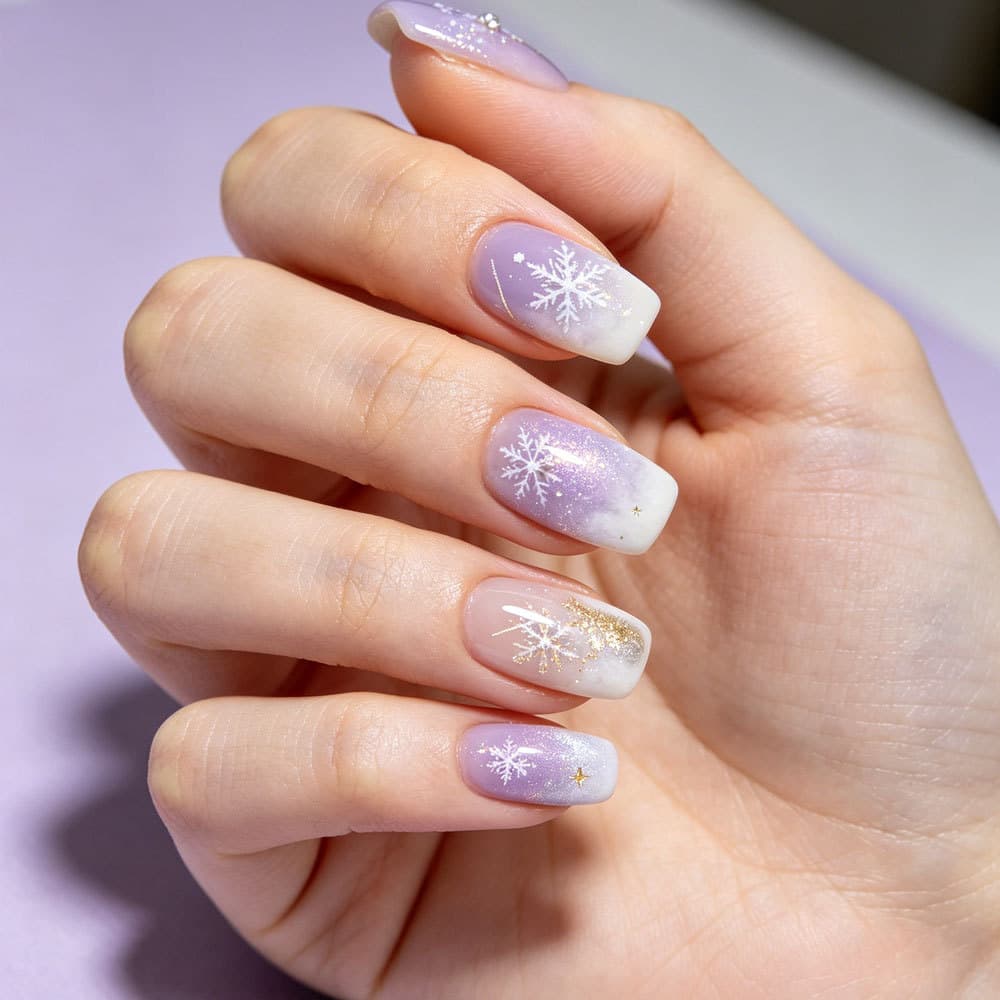 Christmas wear manicure lavender gradient fine glitter snowflake medium rectangular manicure clear minimalist removable fake nails finished product