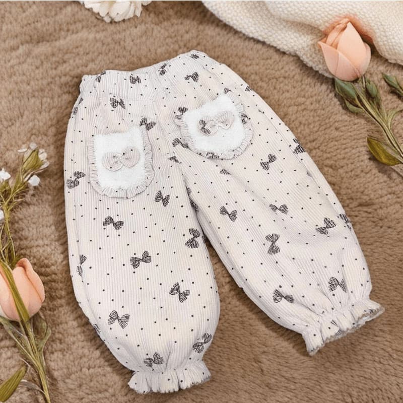 Girls' Stylish Casual Polka Dot Warm Pants 2026 Winter Kids Fleece-Lined Bow Lace Trim Pants Trendy