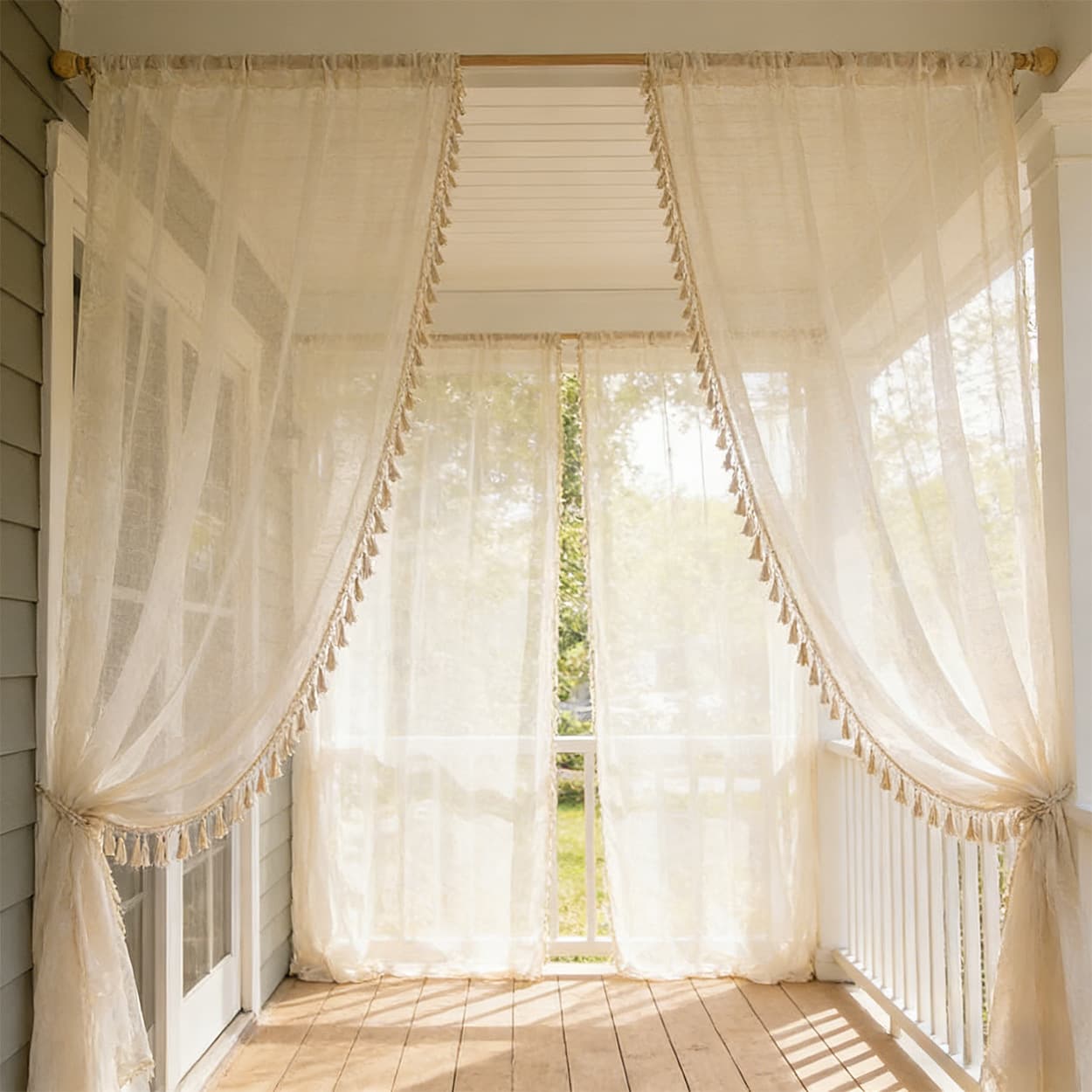 Outdoor Pergola Curtain with Tassel Lace, Plain Linen Gauze Sheer Semi-Sheer Curtain, Cross-Border Stock for Drop Shipping