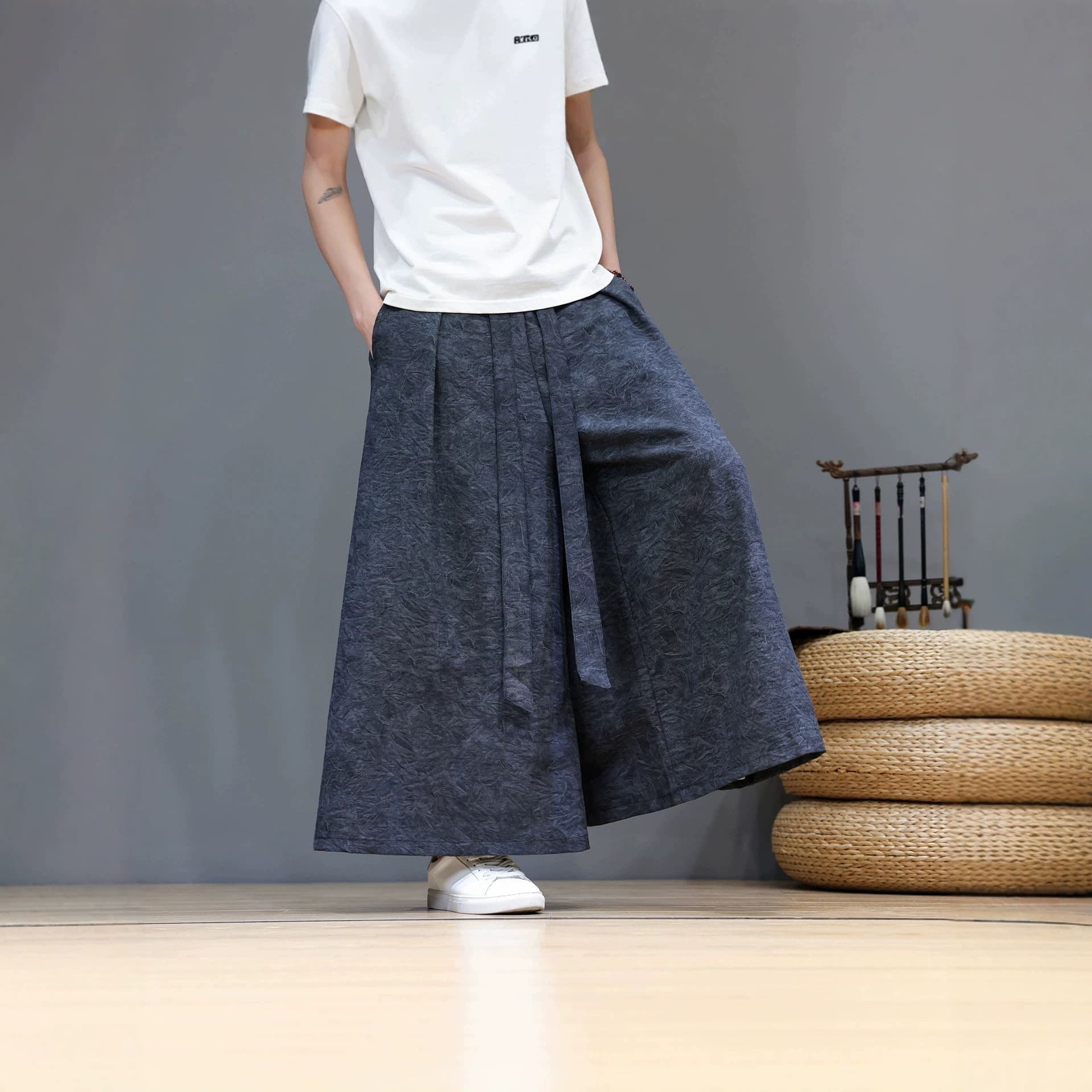 2026 Summer New Chinese Style Men's Japanese Ice Silk Wide Leg Pants Tang Suit Ethnic Style Plus Size Trendy Skirt Pants