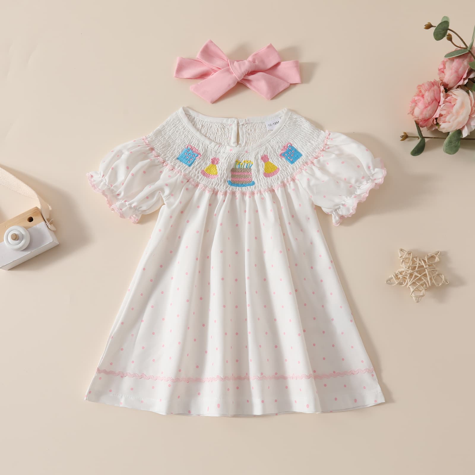 2025 New Export Model Children's Birthday Printed Polka Dot Dress for Girls Summer Sweet Kids Dress + Headband