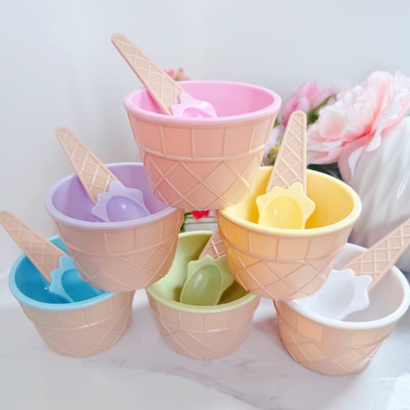 Plastic Ice Cream Bowl PS Spoon Set Creative Kids Cartoon Double Layer Bowl Wholesale