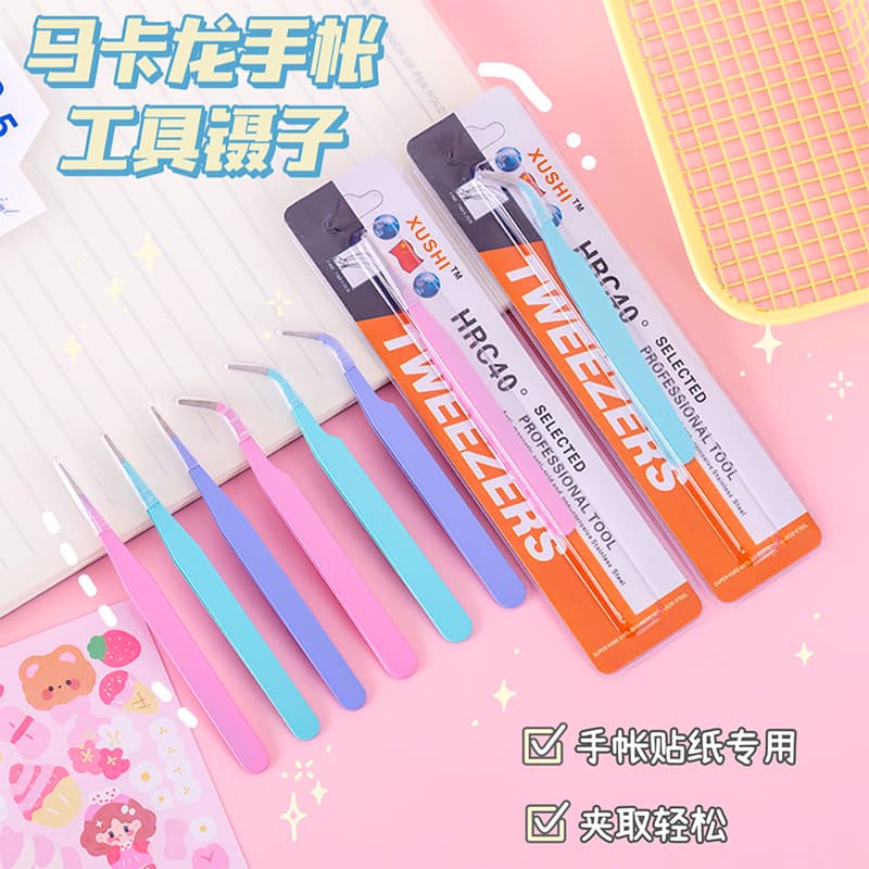 Macaron-colored Metal Tweezers Set for Journaling - Bent/Straight Tip Craft Tools with Plastic Scraper