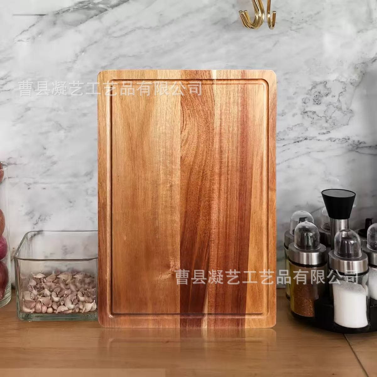 Acacia wood cutting board with juice groove, portable kitchen chopping block and steak serving plate.