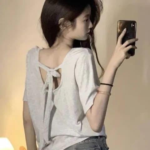 2025 Summer New Women's Korean Style Back Bow Design Niche Short-Sleeve T-Shirt Pink Top Trendy