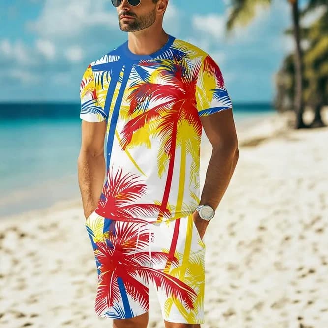 Cross-border independent station TK Shein Temu Shopee men's colorful palm tree casual sport two-piece set factory wholesale