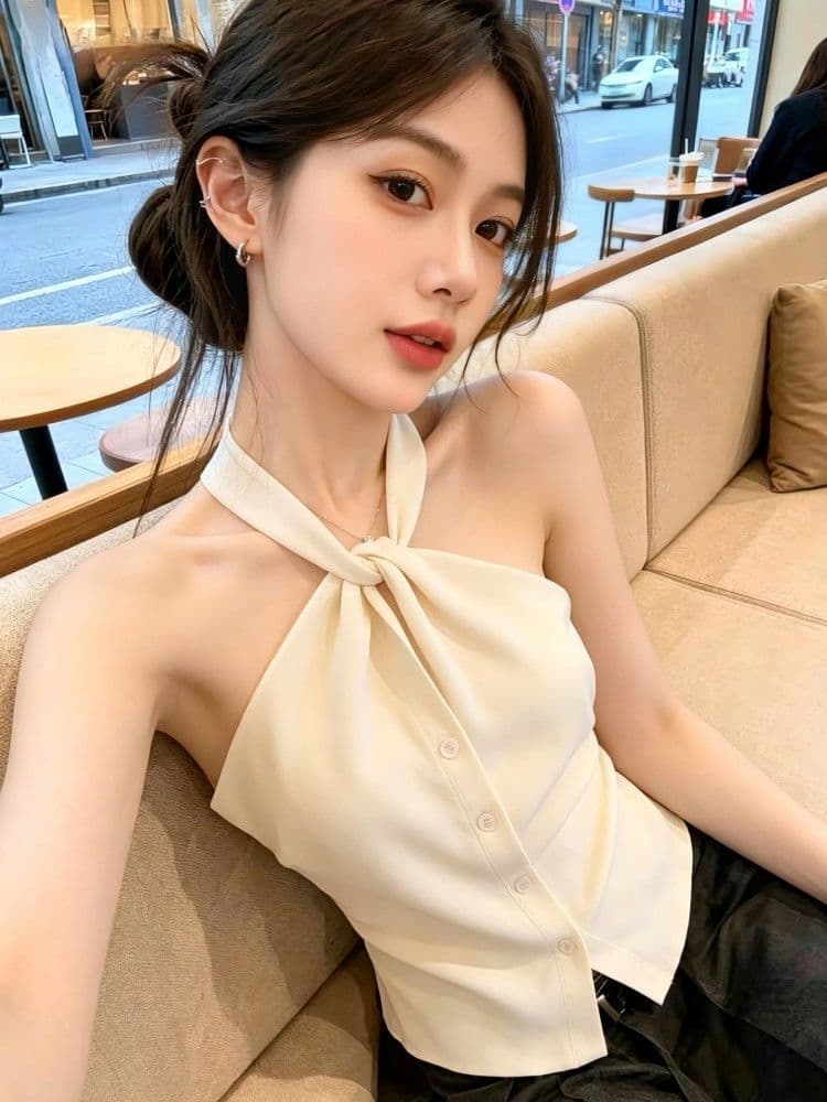 Women's New Sexy French Twist Halter Neck Camisole Top, Trendy Crop Top Sleeveless Solid Color