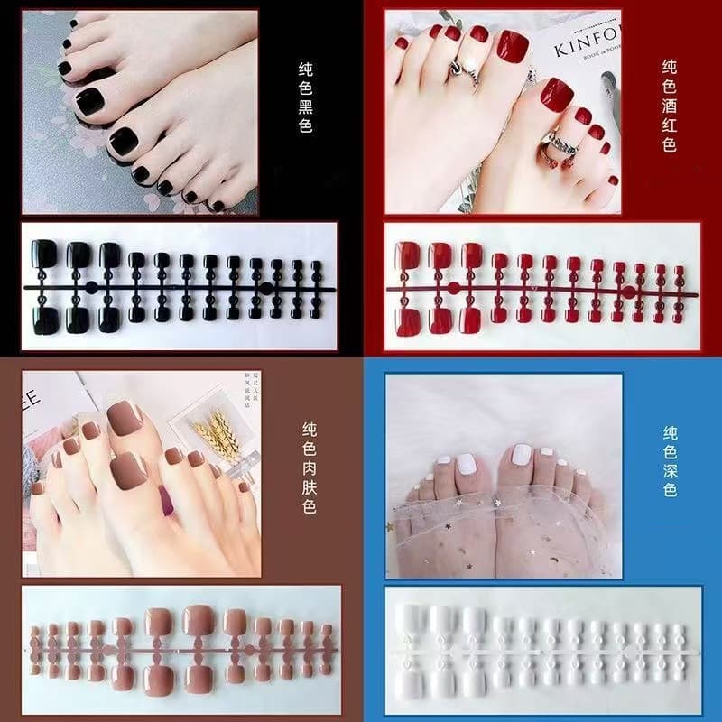 UV Glossy Wearable Nail Art Tips for Toenails, Finished 24 Pieces, Solid Color Strip Pack, Toenail Wearable Nail Tips