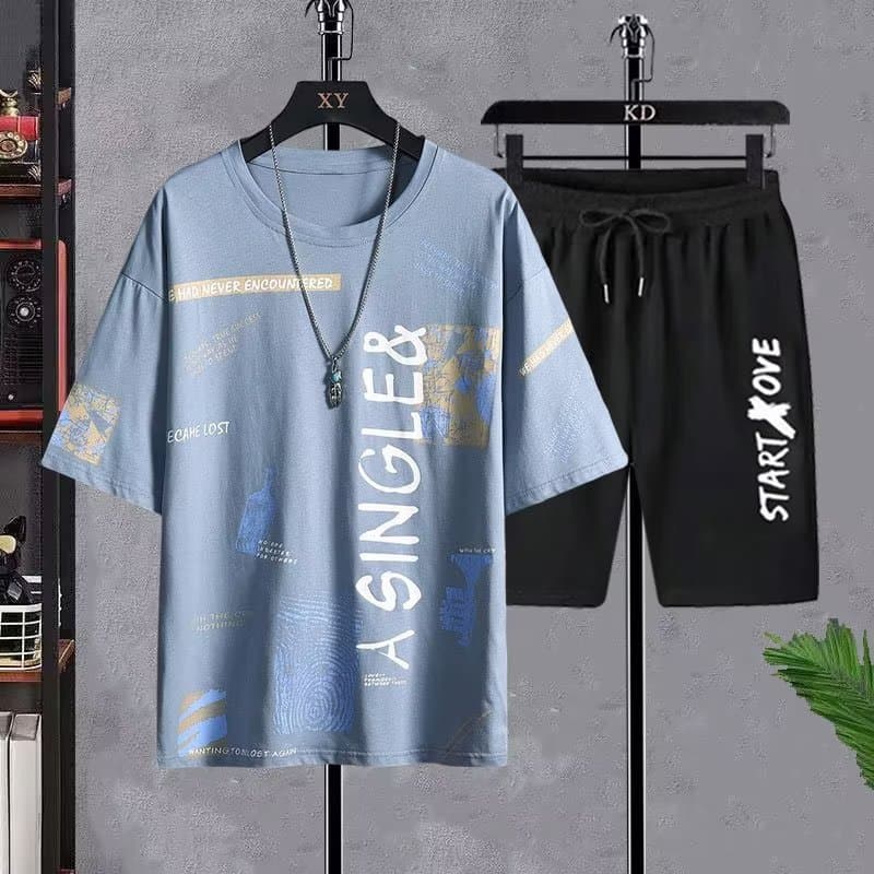 Summer casual sports suit for men, ice silk short-sleeved T-shirt shorts, a complete set of boys' fashionable two-piece set