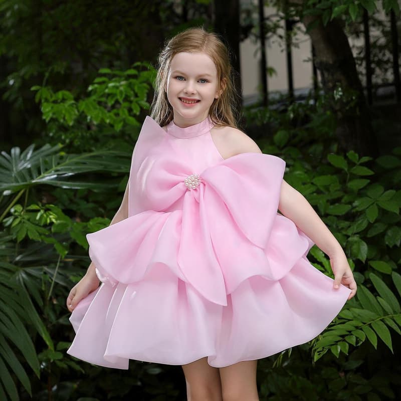 Cross-border Girls' Pink Princess Dress, Children's Catwalk Bow Dress, Piano Performance Outfit, Sweet and Cute Tulle Dress