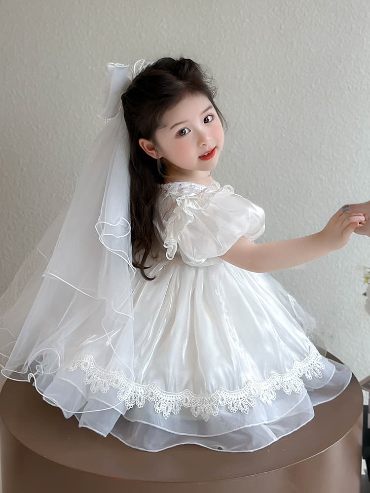 Girls Lolita Princess Summer Dress 2026 New Stylish Kids Gown White Tulle Dress
