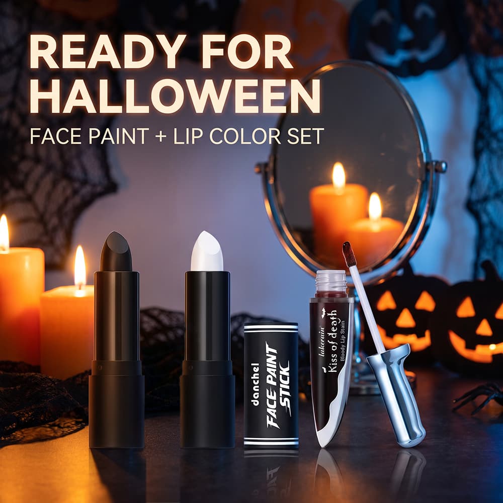 Cross-border lakerain Halloween facial makeup face painting black and white + kiss of death lip gloss three-piece set