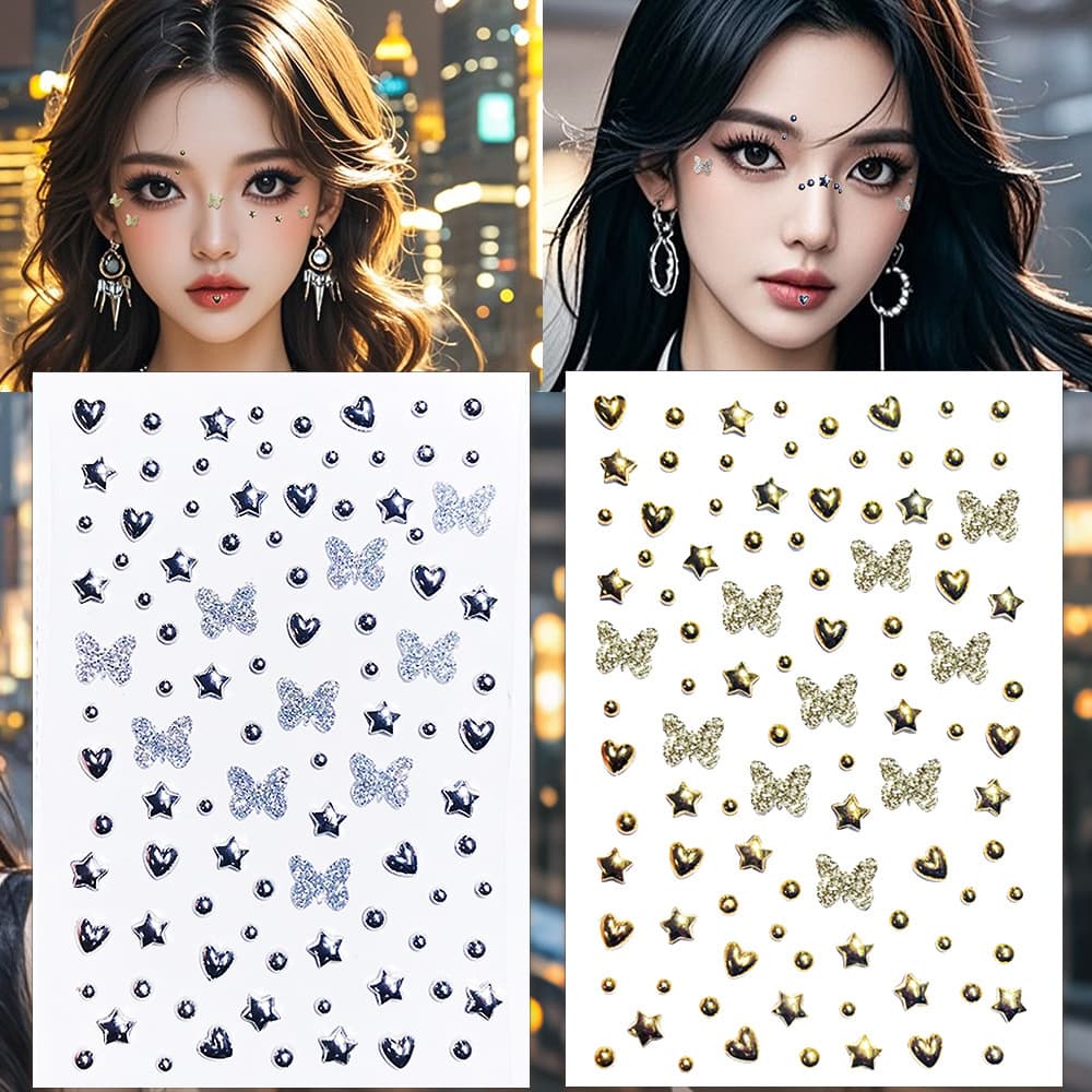 Edgy Lip Stud Sticker Eyebrow Stud Sticker Electroplated Metallic Color Hollow Butterfly Silver Plated Butterfly DIY Silver Half Ball Stud Diamond Sticker Face