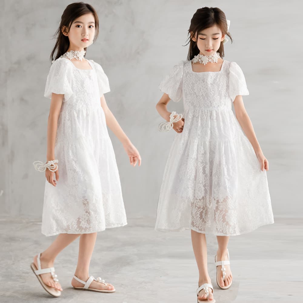 Princess Dress for Girls Summer Korean Style One Shoulder Lace Dress Pearl Lace Skirt Cotton Fabric Child Medium And Small Children