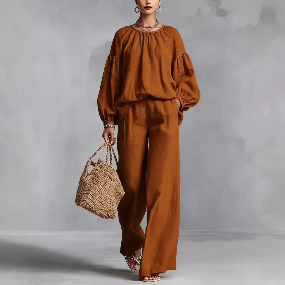 New Women's Casual Suit 2026 Standalone Site Women's Clothing Amazon Cotton Linen Lantern Sleeve Wide Leg Pants Set