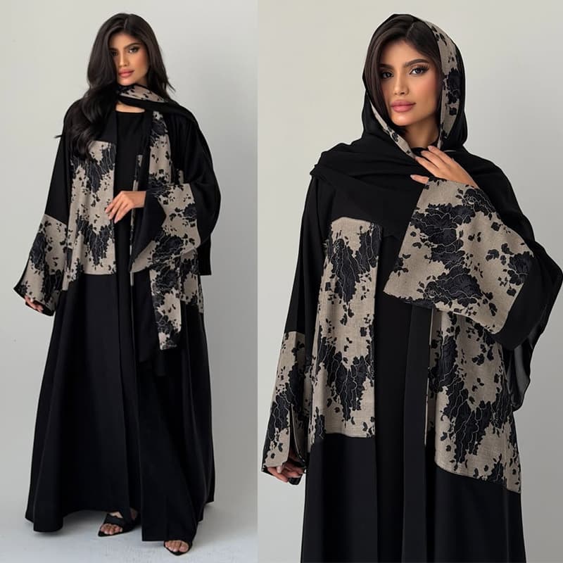 MQ299 Modest Fashion Women's Lace Trim Two-Piece Set Jacket with Contrast Lace Turban