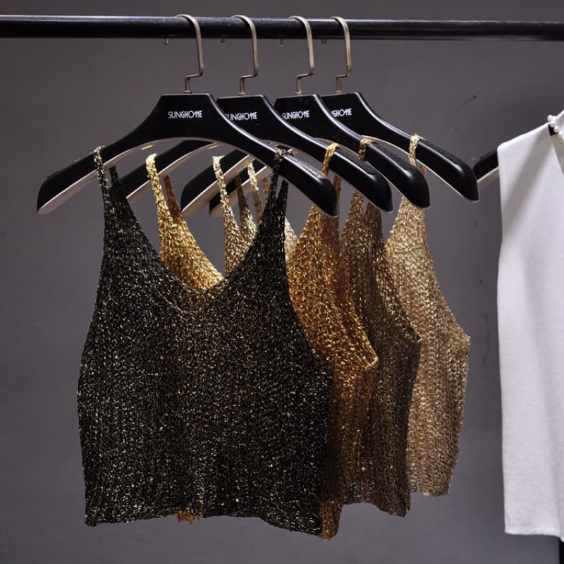 Shiny Sequin Halter Top Sexy Midriff Baring Knitted Base Layer Top Street Style Trendy Polyester Fiber Short Length Pure Color