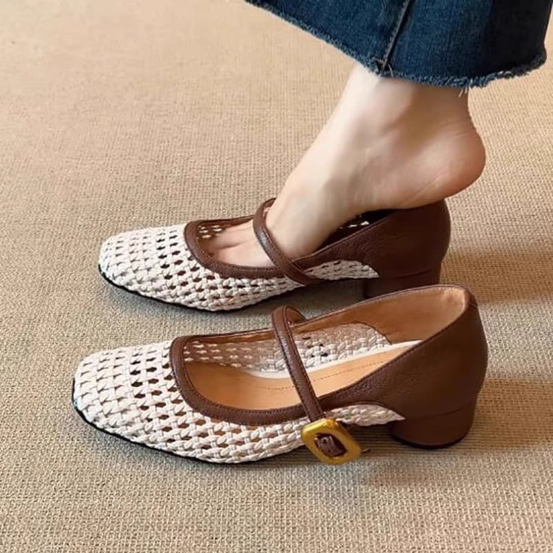 Soft Sheepskin Retro Genuine Leather Square Toe Braided Cut Out Mary Jane Shoes for Women Shallow Square Toe Thick Heel One-Strap Sandals