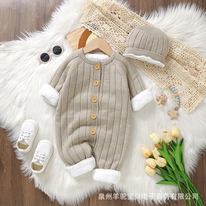 ins hot-selling baby winter new baby simple solid color knitted one-piece plus velvet baby warmer