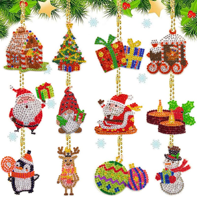 5D5D12 pieces DIY Christmas diamond painted keychain, acrylic double-sided crystal diamond pendant
