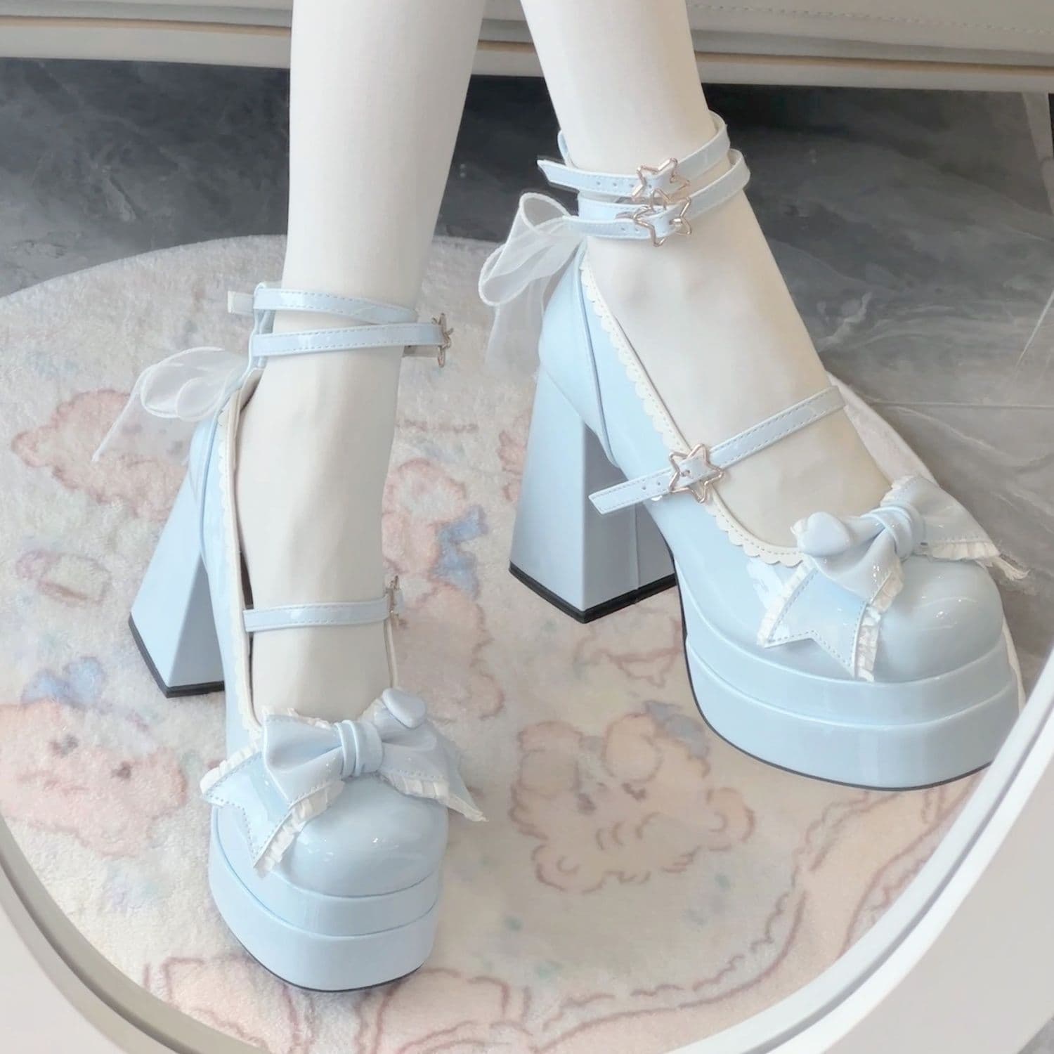 Milk Party Light Blue Lolita Shoes, Round Toe Leather Shoes, Sweet and Cute 4.0 Lolita Party High Heels