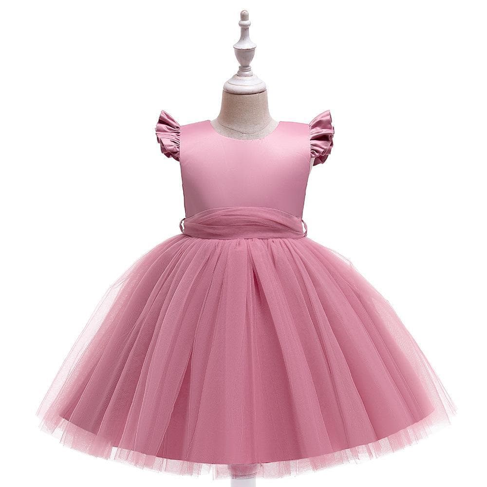Princess Style Frock Skirt Children's Party Dress Pure Color Tulle Gown Girls Showtime Elegant Cute Butterfly Knot Design