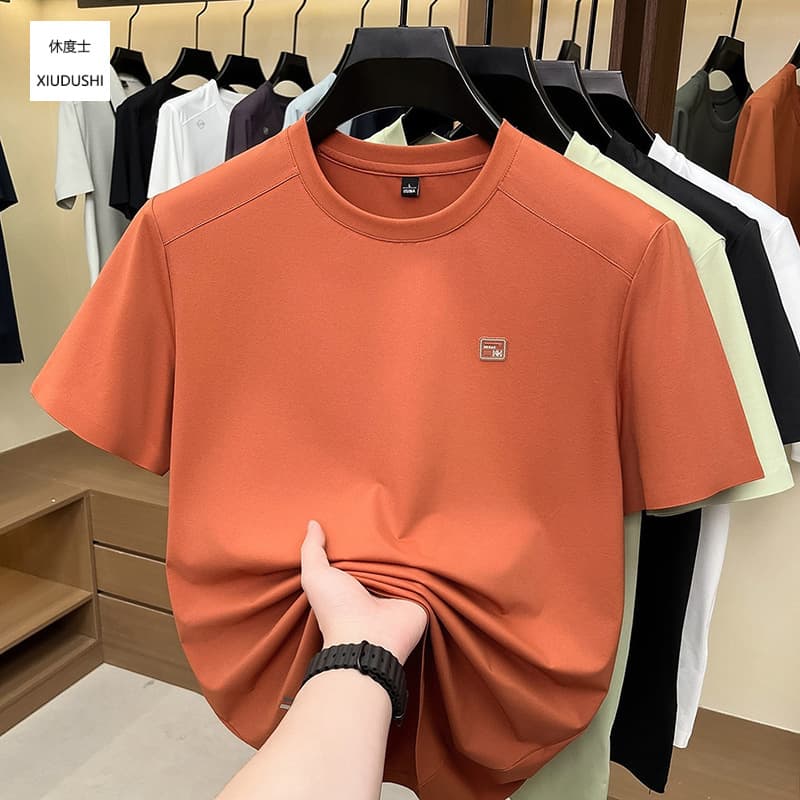 Ice Silk Nylon Short Sleeve Men's T-Shirt Cooling Summer New Light Luxury Simple Round Neck Loose Fit Men's Short Sleeve