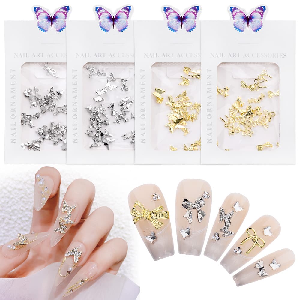 Mixed Metal Bow Nail Art Decorations, Gold and Silver Nail Ornaments, Alloy 3D DIY Accessories