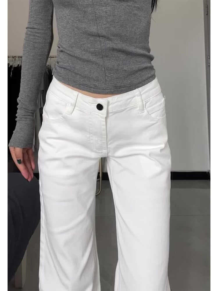 Simple White Bootcut Jeans for Women Spring New Low Waist Slim Loose Fit Slimming Casual Straight Leg Long Pants