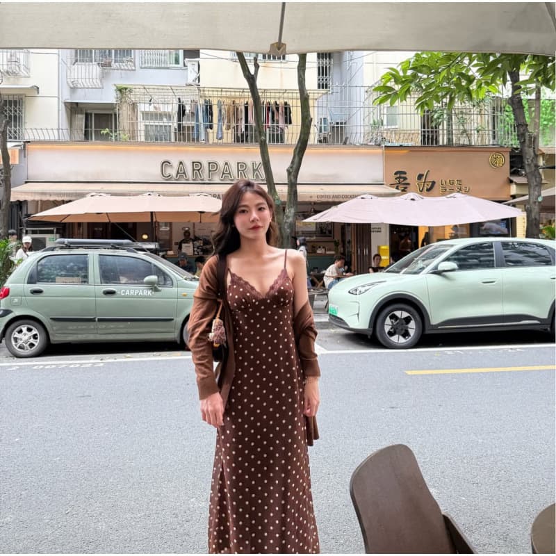 Cross-border European and American Women's Fashion AliExpress Hot-Selling Stylish Sexy Lace Polka Dot Cami Maxi Dress