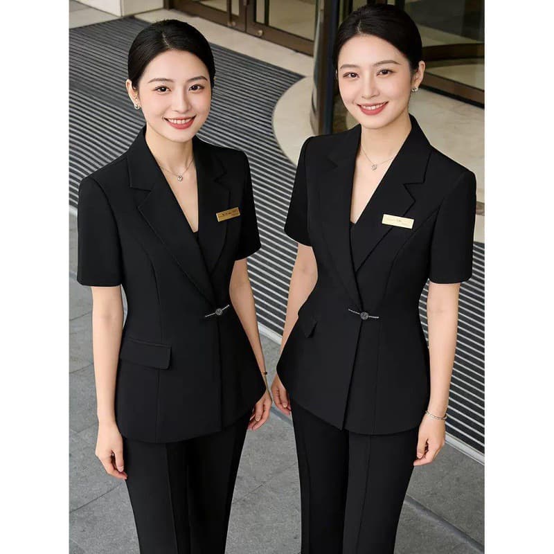Black Short-Sleeve Suit Set for Women, Lightweight, Professional Business Attire for Jewelry Hotel Manager Restaurant Front Desk Work Uniform