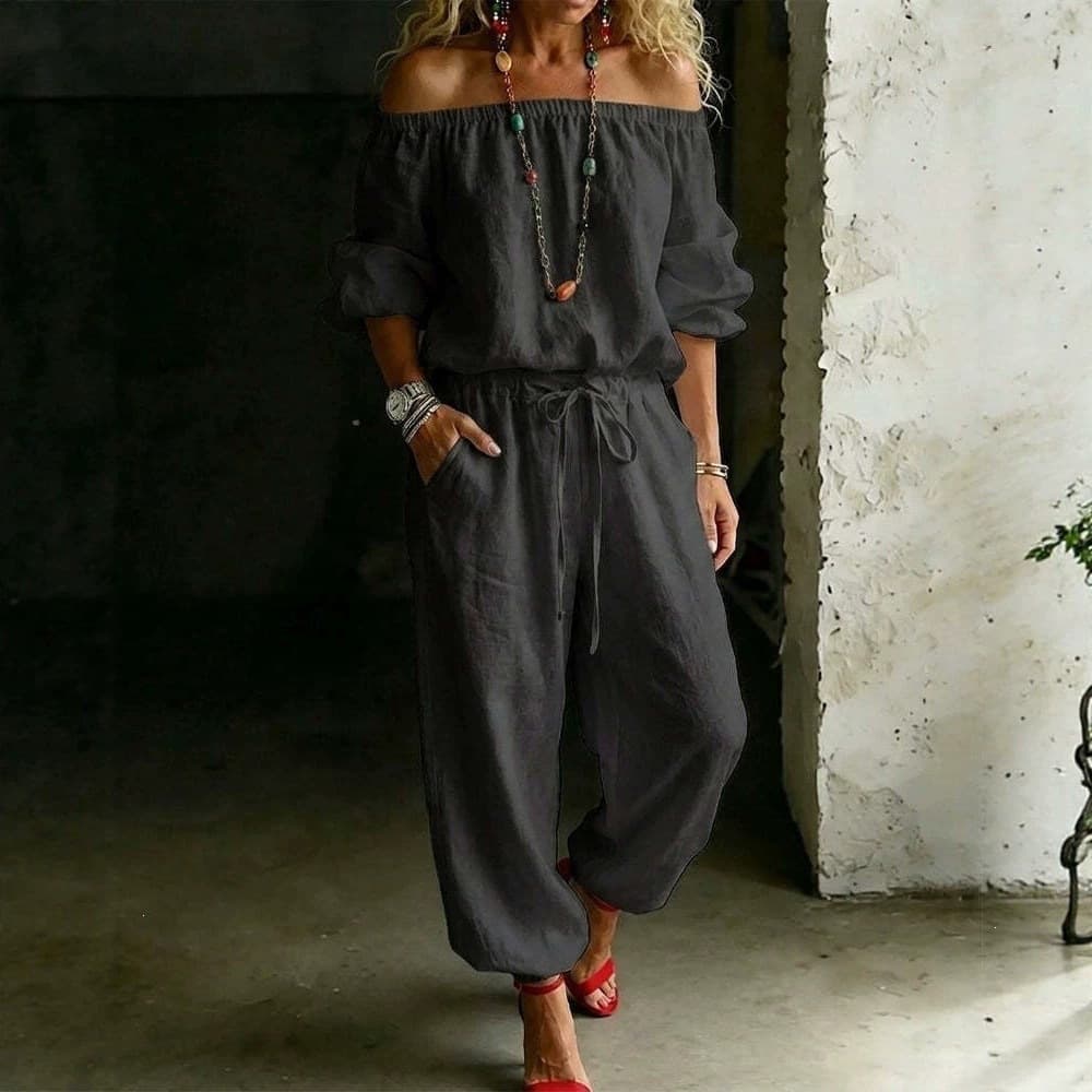 2026 New European and American Cross-border Amazon Off-Shoulder Top Women's Casual Drawstring Jogger Pants Two-Piece Set