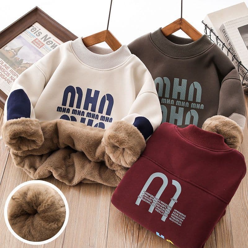 Boys' Fleece-Lined Sweatshirt Winter Mid-Child Casual Thickened Imitation Rabbit Fur Base Layer Top Winter Warm