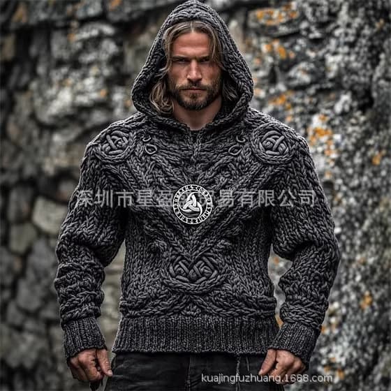 Amazon Cross-Border EU/US Viking Style Men's Hooded Pocketless Casual Printed Sweatshirt
