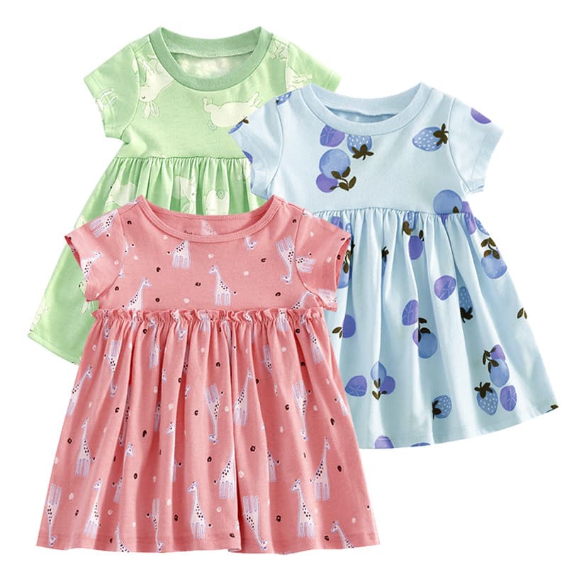 Multiple styles of printed thin cotton skirts, skin-friendly base layer tops for 1-4 year old babies, girls' short-sleeve T-shirts for home wear