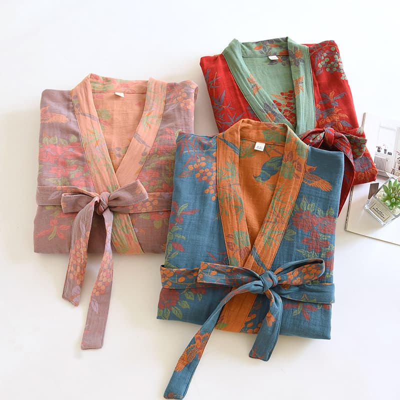 Yarn-Dyed Pure Cotton Kimono Robe for Women, Spring/Autumn Japanese Jacquard Bathrobe, Sweat-Absorbing Sleepwear, Full Cotton Homewear, Japanese Style