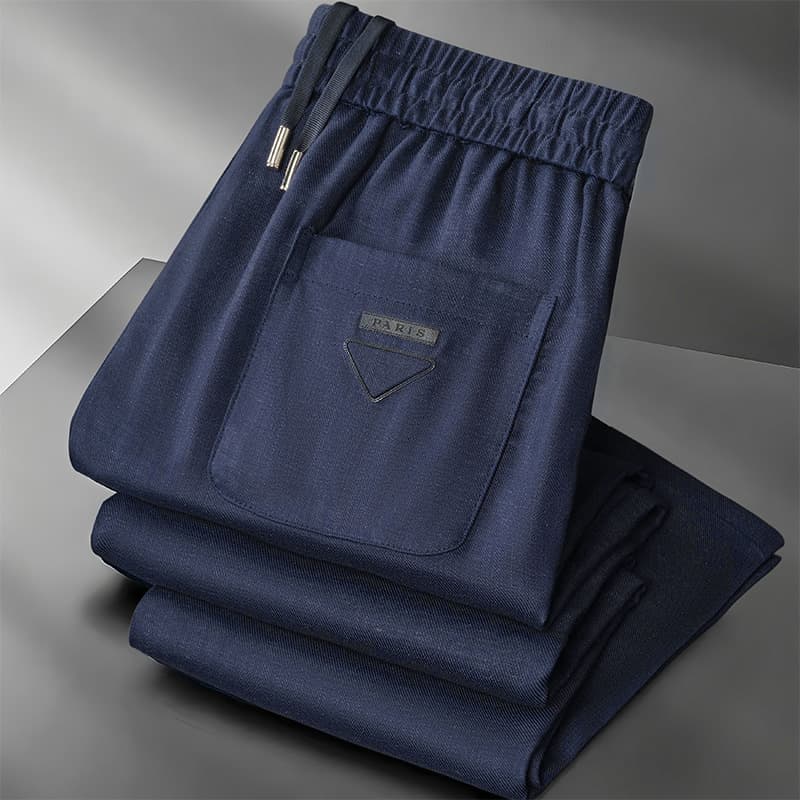 European high-end Tencel linen casual pants for men, dark blue elastic waist drawstring design, men's casual sports pants