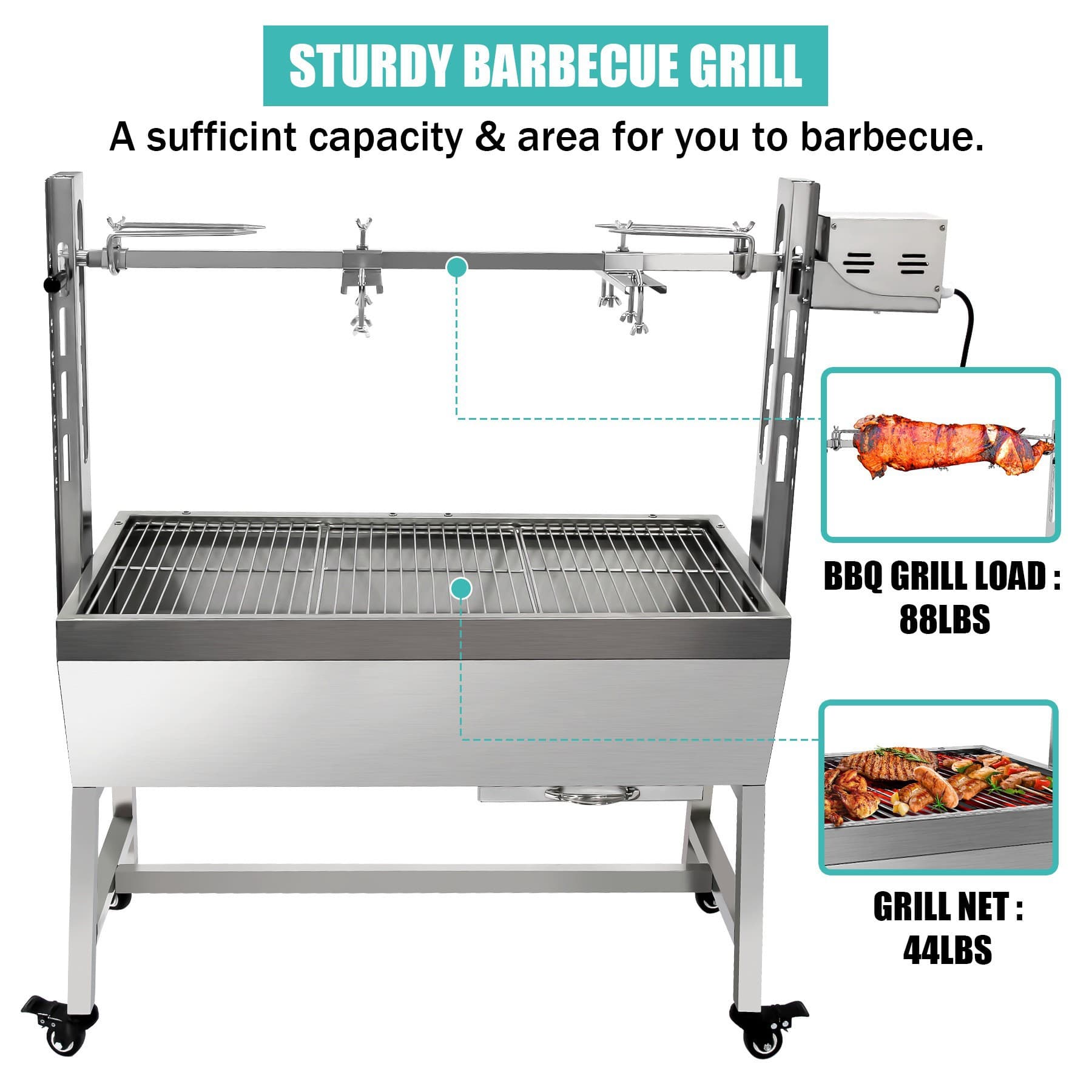 Thickened Stainless Steel Whole Lamb Roaster, Electric Rotating Lamb Trotters Grill Rack, Outdoor Charcoal Multi-Function BBQ Grill