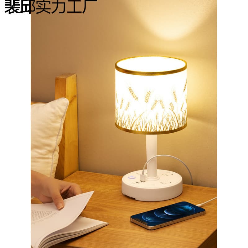 Decorative desk lamp with integrated socket, bedroom bedside lamp, lightweight luxury aesthetic, eye-care sleep night light.