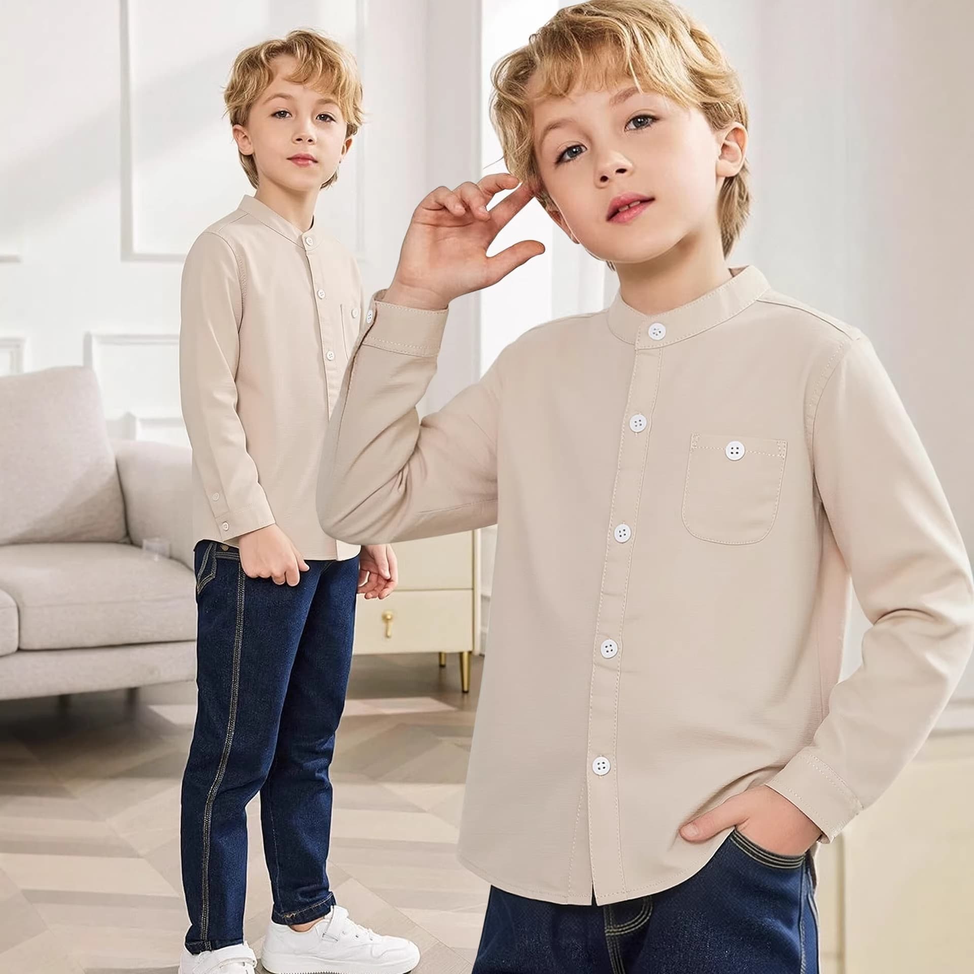 Cross-Border Children's Shirt 2024 Autumn New Baby Cotton Top Boys' British Round Neck Long Sleeve Shirt