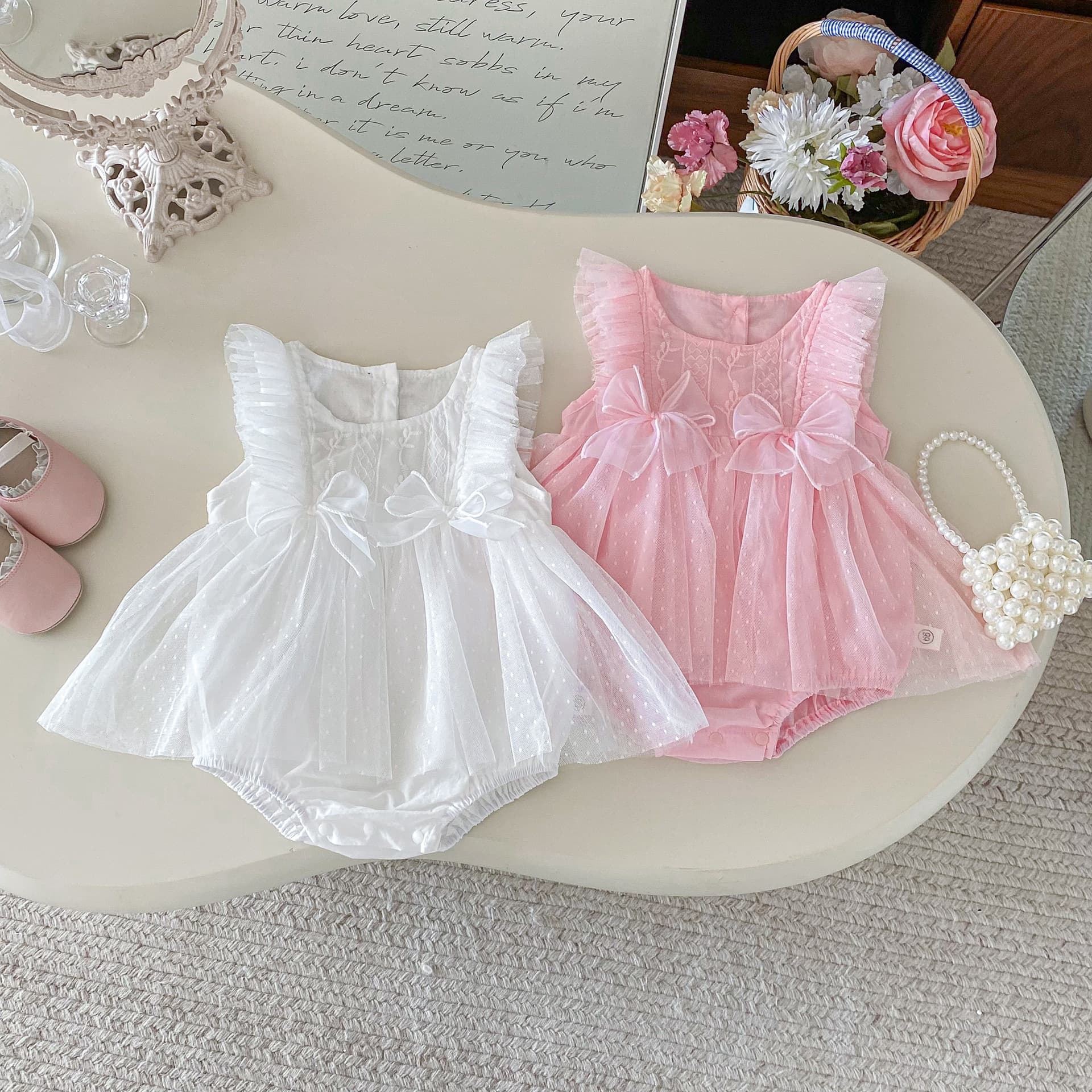2026 Summer Baby Girl Bow Mesh Harness Dress One-Year-Old Princess Sweet Romper Suit Packing Clothes Cross-border