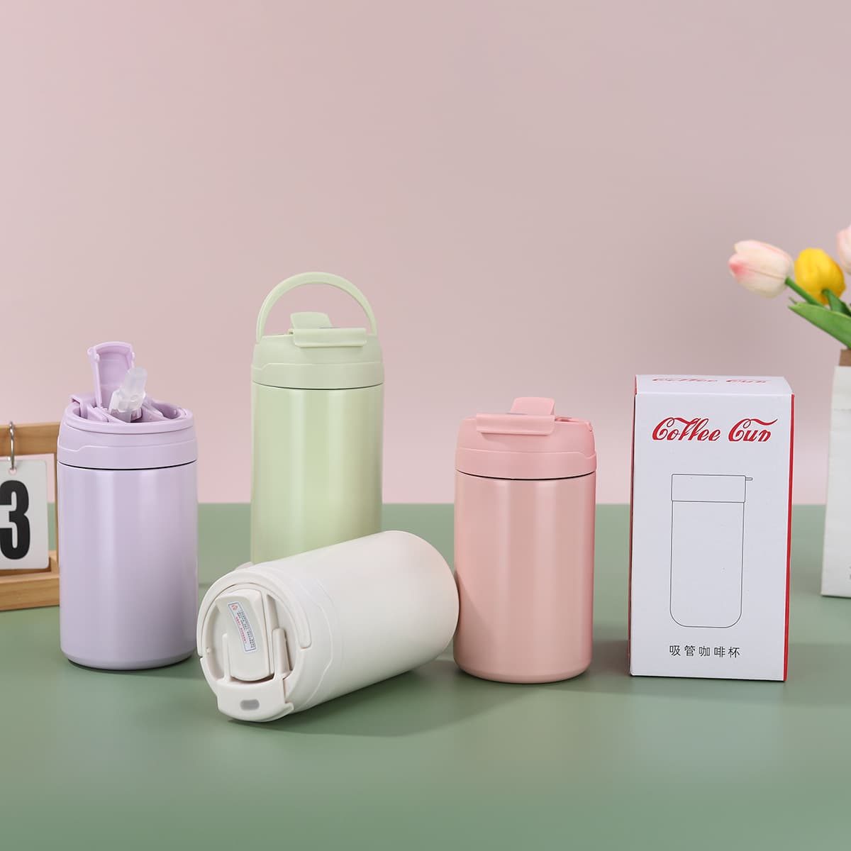 Minimalist 304 Stainless Steel Insulated Tumbler Portable Coffee Cup with Straw, Double-Wall Vacuum Travel Mug with Handle